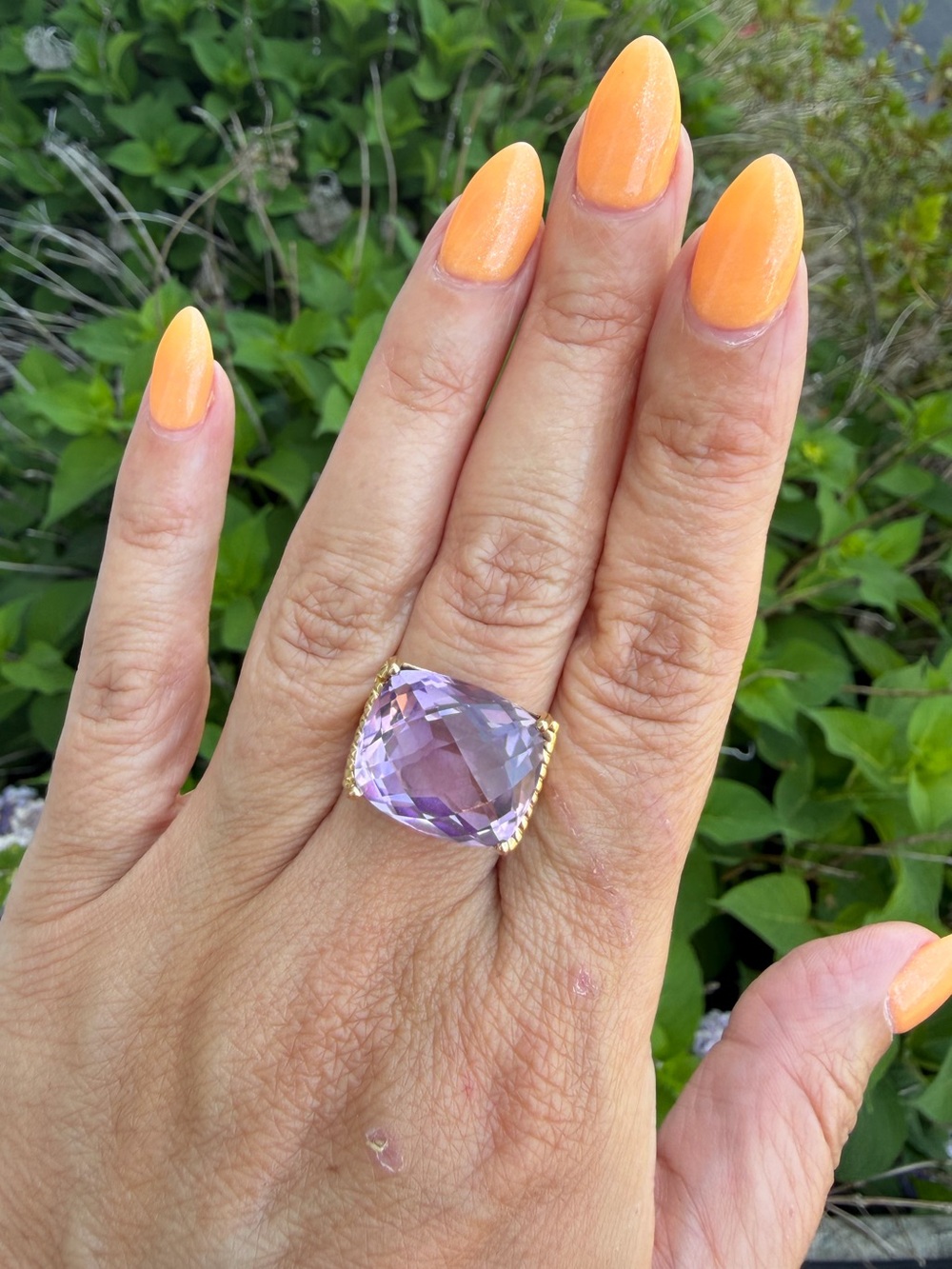 19.65ct Cushion Cut Brazilian  Amethyst Ring 10K Yellow Gold Cocktail Ring